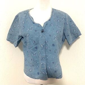Requirements Linen Blend Paisley Print Jean Button V-Neck Top Size Large Casual